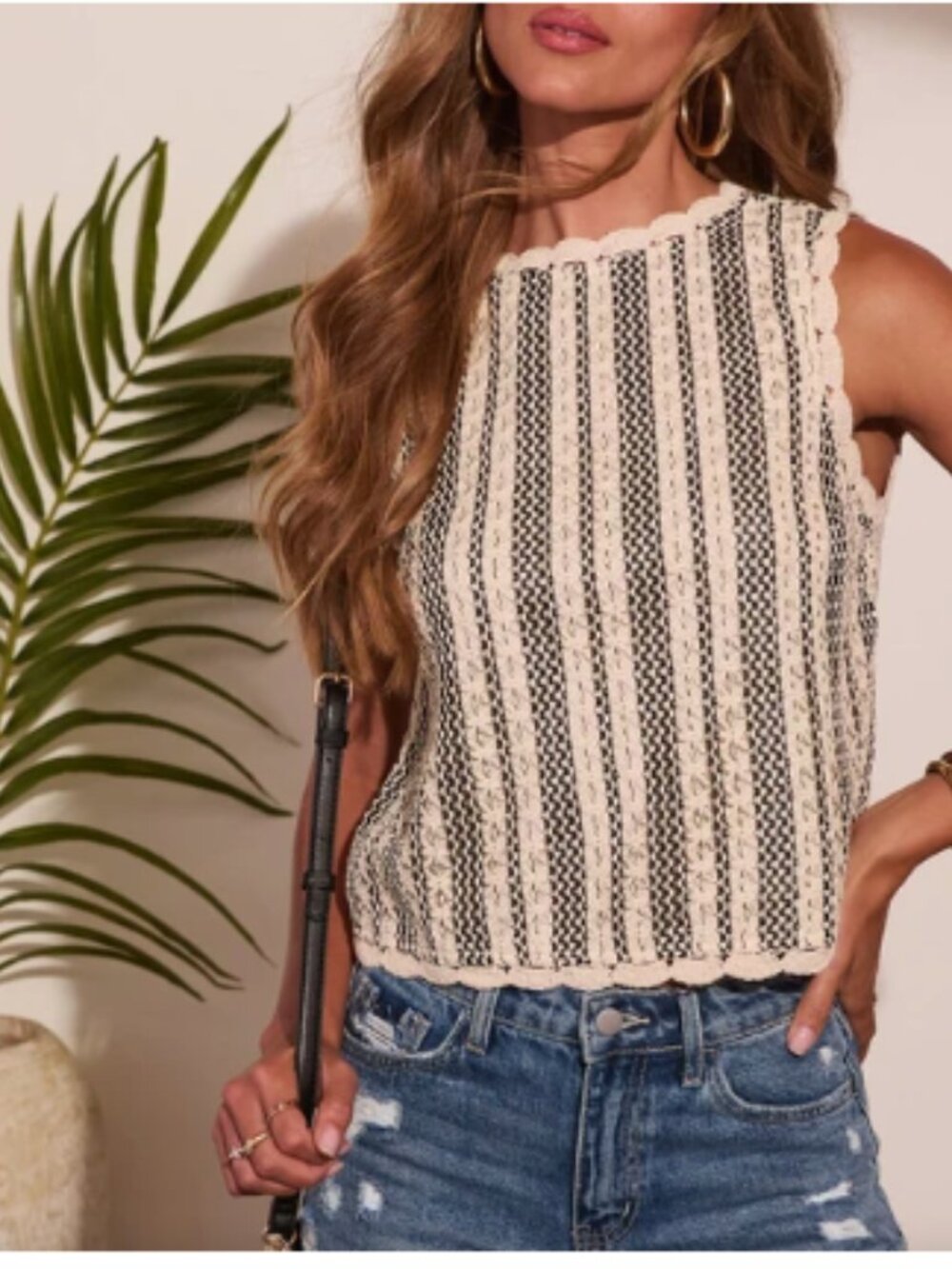 Vici Cream & Black Striped Crochet Tank Top